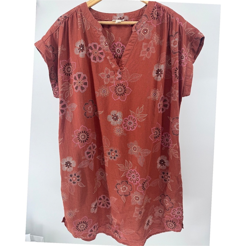 a.n.a. Linen Rayon Dress Womens L Rust Floral Boho Midi Resort Travel